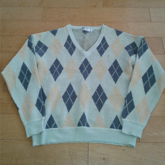 Yves Saint Laurent Argyle Sweater YSL Pullover merino wool jumper V neck men's M - Picture 2 of 7